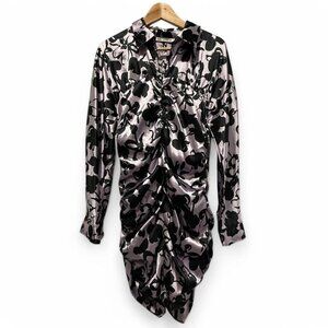Zara black and white floral print dress with ruched detail
